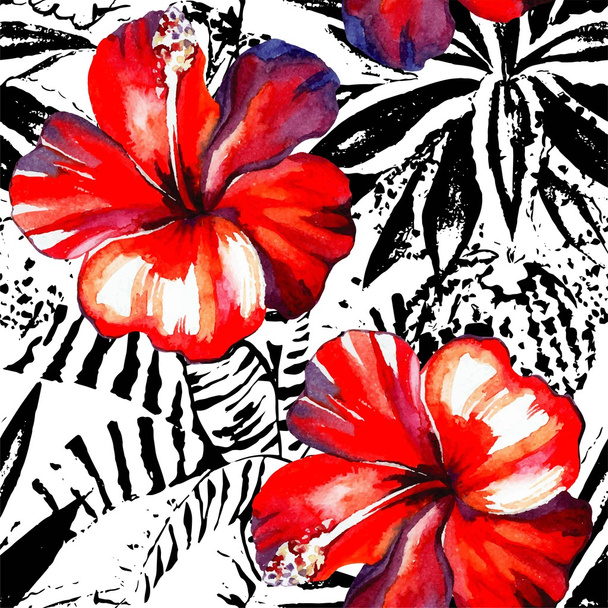 tropical hibiscus watercolor and graphic exotic plants seamless  - Vecteur, image