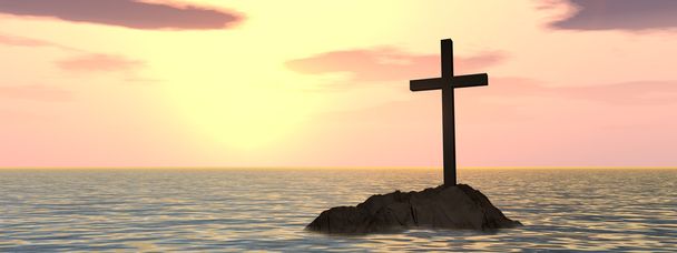 Cruz cristã em uma pequena ilha de rocha
 - Foto, Imagem