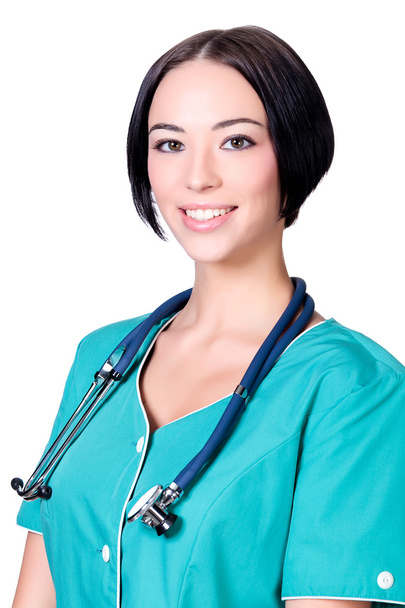 Ο γιατρός γυναίκα, που χαμογελά σε εσάς, απομονώνονται σε λευκό φόντο - Φωτογραφία, εικόνα