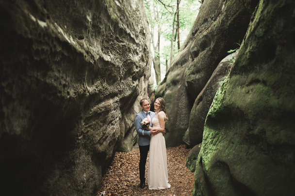 Gorgeous wedding couple kissing and hugging in forest with big rocks - Foto, Imagen