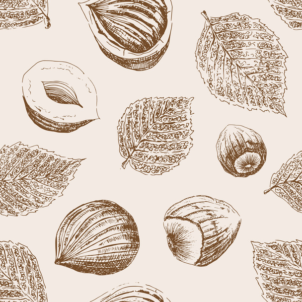 Seamless nature pattern. Hazelnuts and fallen leaves. Ink drawing - Διάνυσμα, εικόνα