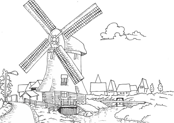 Windmill old retro vintage drawing illustration - Vector, Image