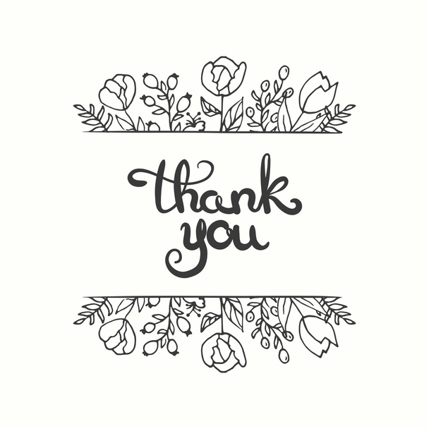 Thank you card. Hand drawn lettering design. Greeting card with flowers. Line art style. Vector illustration. - Vector, Imagen