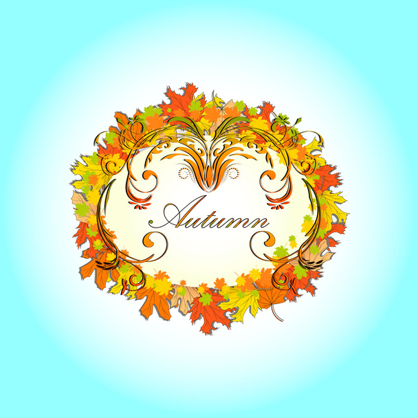 Autumn greeting card with border of coloured maple leaves and abstract floral ornament - Vecteur, image