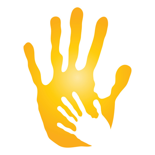  anya és gyermeke sárga kéz nyomatok - Vektor, kép
