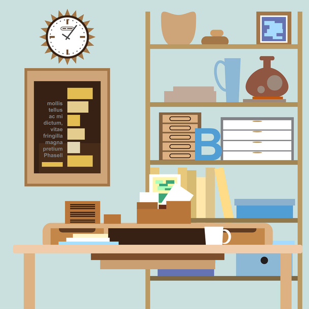Workspace with a desk, shelves, boxes and other items. Vector - Vektör, Görsel