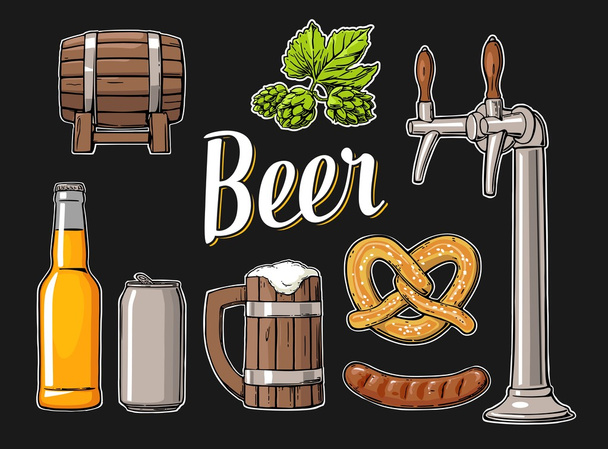 Bier instellen met de tap, klasse, kan, fles, vat, worst, krakeling en hop. - Vector, afbeelding