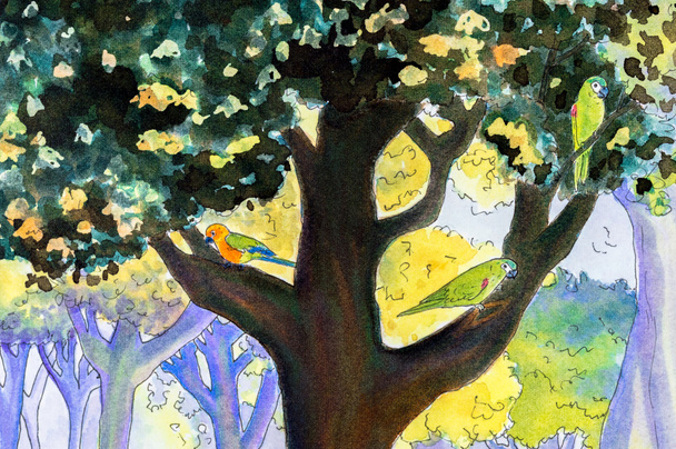 Peinture originale de trois perroquets dans un arbre
 - Photo, image