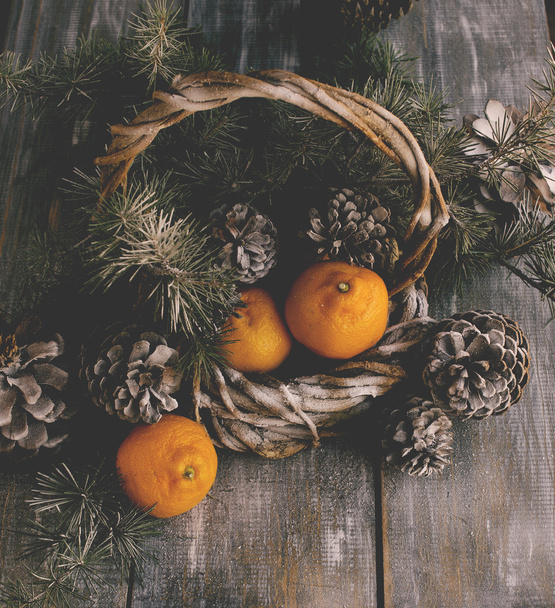 Christmas balls with fir branches and glasses of champagne - Photo, Image