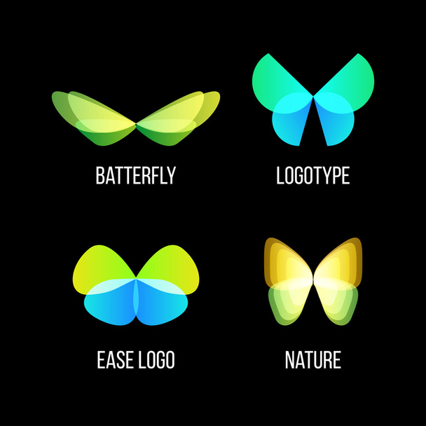 Elszigetelt színes pillangók vektor logo meg. Repülő rovarok Logotypes gyűjtemény. Vad természet elemek ikonok. Szárnyak illusztrációk. - Vektor, kép