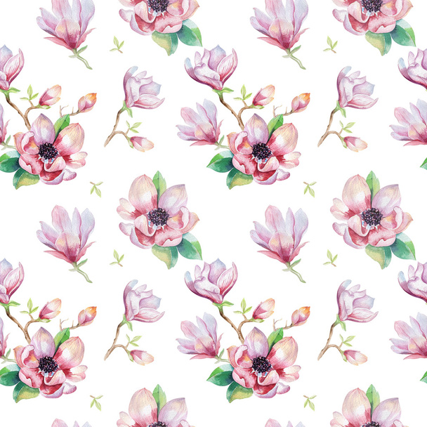 Seamless wallpaper with magnolia flowers - Foto, Imagen