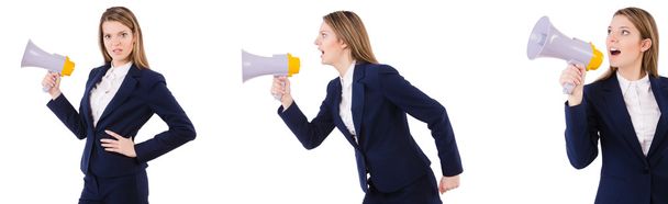 Empresária com alto-falante isolado em branco - Foto, Imagem