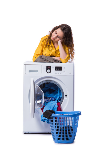 Nő fáradt után csinál mosoda elszigetelt fehér - Fotó, kép