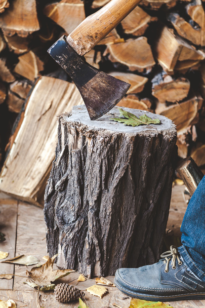 Axe on tree stump in background of logs - Foto, imagen