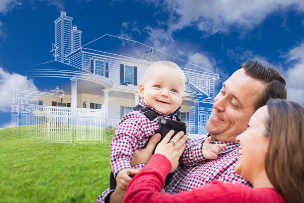Happy Young Family with Ghosted House Drawing Behind - Photo, Image