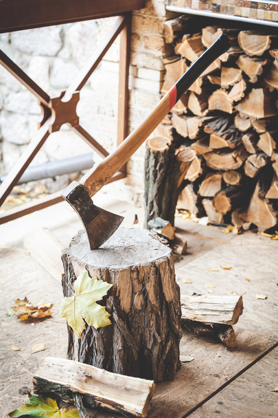 Long-handled ax sticking in tree stump - Fotó, kép
