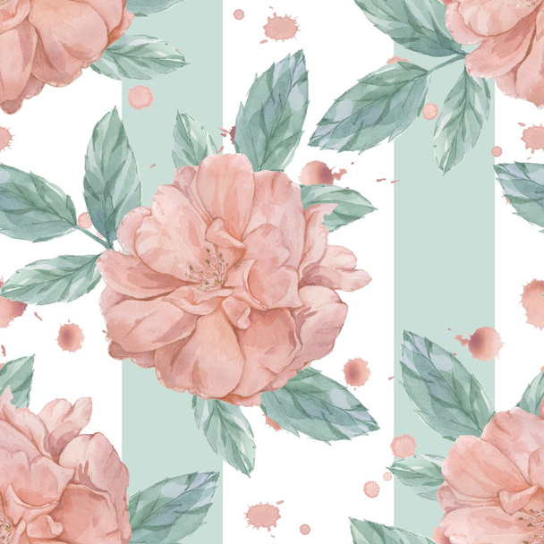 Roses and splashes. Seamless pattern. Watercolor painting. Handmade drawing. - Foto, Imagem