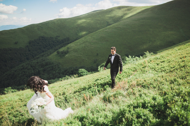 Beautiful wedding couple, bride and groom, in love on the background of mountains - Фото, изображение