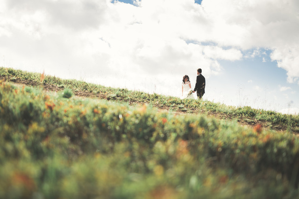 Superbe mariée et marié élégant marchant dans un paysage ensoleillé, couple de mariage, montagnes de cérémonie de luxe avec vue imprenable, espace pour le texte
 - Photo, image