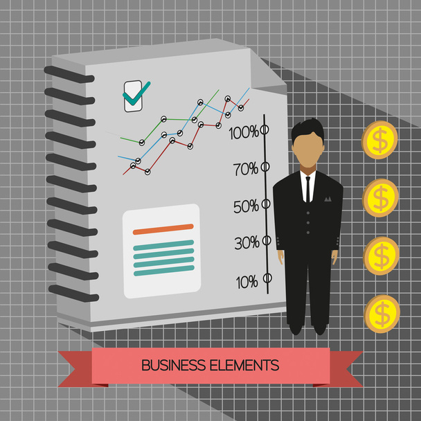 Business idea infographic with icons, persons, money, charts and papers, flat design. Digital vector image - Vektör, Görsel