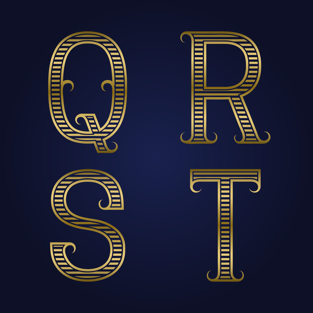 Q, R, S, T golden ribbed letters with flourishes. - Vector, Image