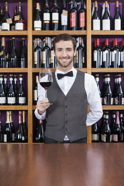 Bartender Holding Red Wine Glass At Counter - Foto, immagini