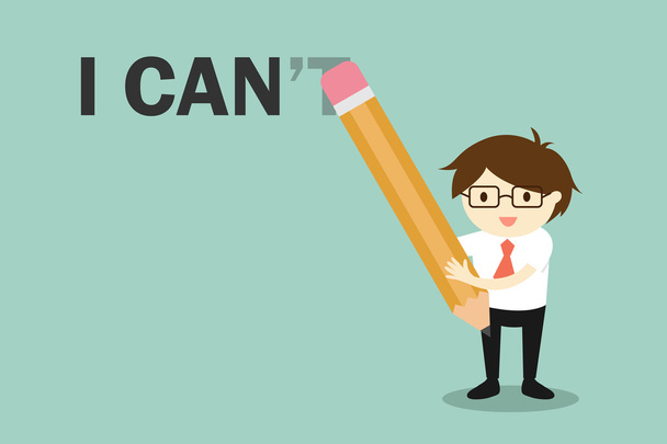 Concept d'entreprise, Homme d'affaires tenant crayon effacer "ne peut pas" à "peut". Illustration vectorielle
 - Vecteur, image