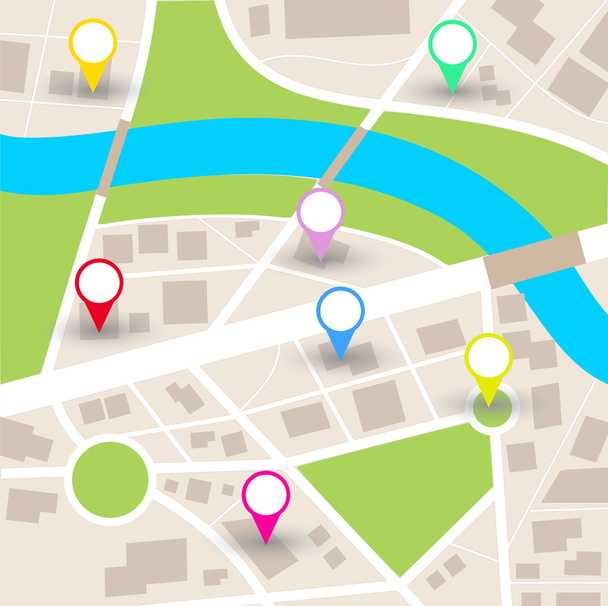 Mapa de la ciudad vector con punteros en blanco
  - Vector, Imagen
