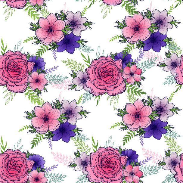 Seamless floral pattern anemones and roses - Вектор,изображение