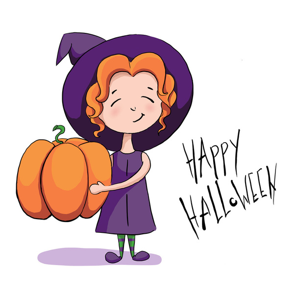 Cute little witch holding a big pumpkin and smiling - Foto, Imagem