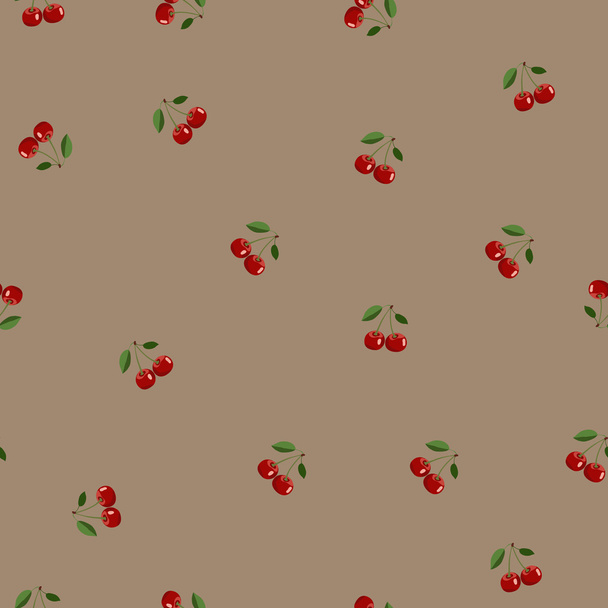 Pattern of red small cherry same sizes with leaves on brown background - Vector, Image
