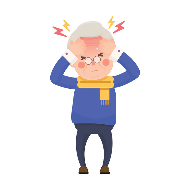 Άρρωστος ανώτερος άνθρωπος έχοντας πονοκέφαλος και υψηλής θερμοκρασίας - Διάνυσμα, εικόνα