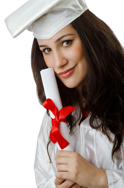 Happy graduate on white background - Фото, изображение