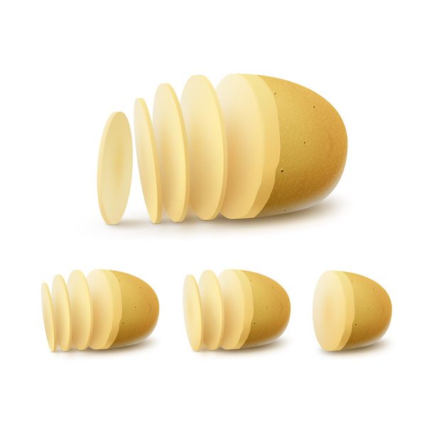 Ensemble vectoriel de pommes de terre tranchées crues jaunes Fermer Isolé sur fond blanc
 - Vecteur, image