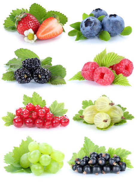 Collection of berries fruits grapes strawberries blueberries red - Photo, Image