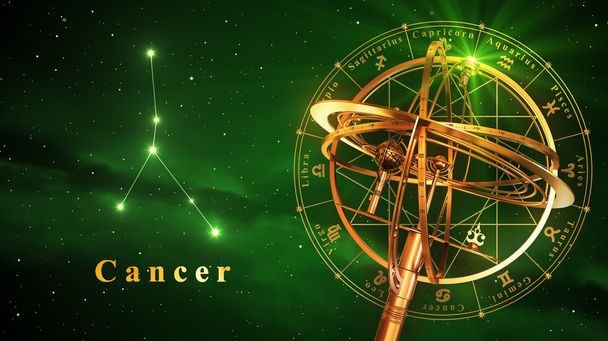 Armillarsphäre und Sternbild Krebs vor grünem Hintergrund - Foto, Bild