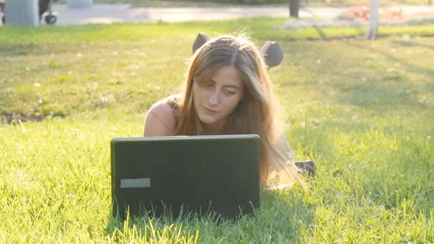 Mujer en el ordenador portátil fuera en la hierba
 - Metraje, vídeo