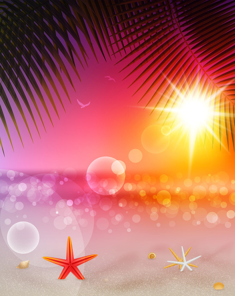 Beautiful seaside sunset view with palm leaves - ベクター画像