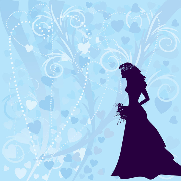Silhouette of beautiful woman holding bouquet on a blue textured background with hearts - Вектор, зображення