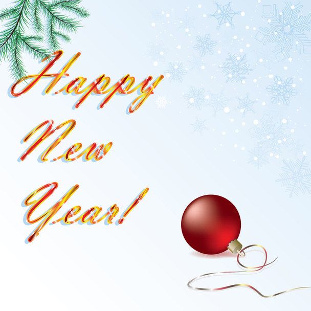 Tarjeta de Año Nuevo con bola de Navidad roja y ramas de abeto
 - Vector, Imagen