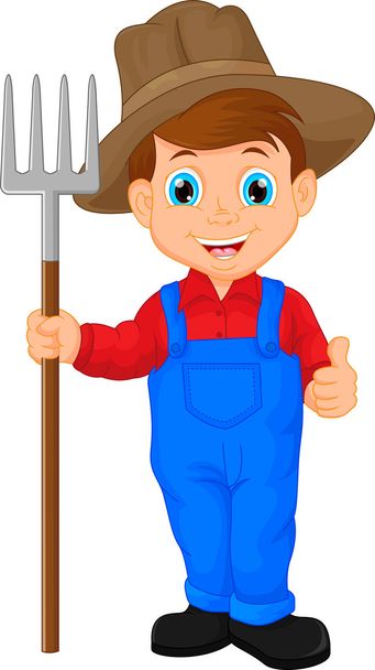 Cartoon young farmer holding rake - Vector, Image