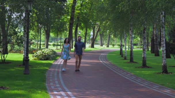 Young couple walking summer park with birches. - Felvétel, videó