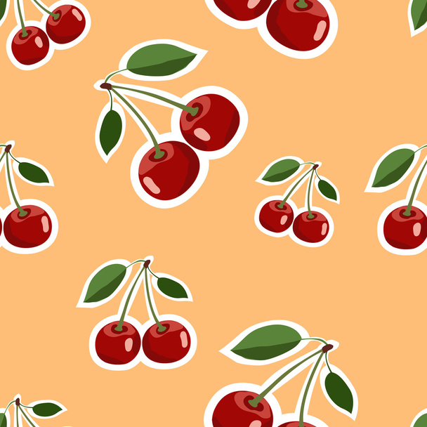 Pattern of red big cherry stickers different sizes with leaves on orange background - Vector, Image