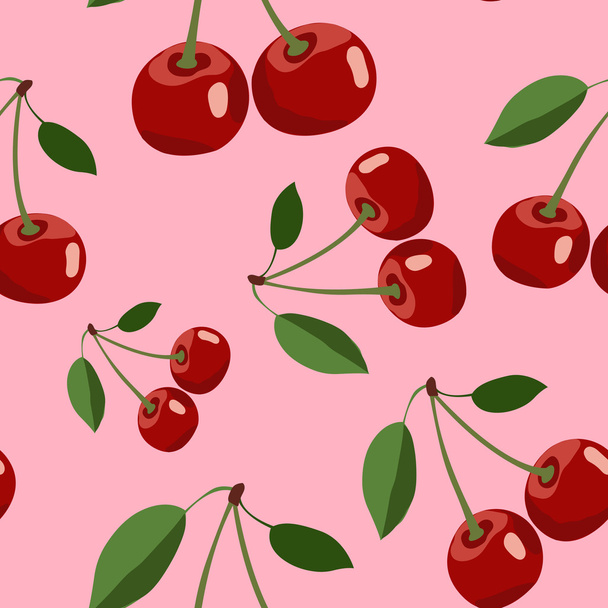 Pattern of red cherry with leaves on pink background - Vector, Image