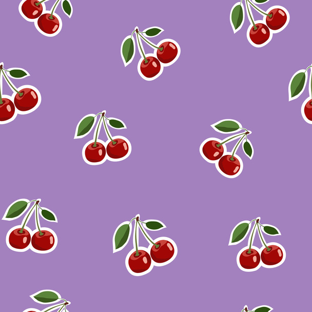 Pattern of red small cherry stickers same sizes with leaves on purple background - Vector, afbeelding