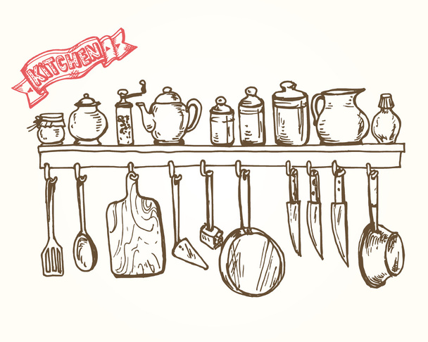 Vector graphic, artistic, stylized shelf with utensils. - Vector, Image