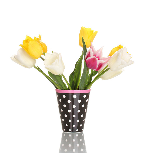 Beautiful tulips in vase isolated on white - Fotoğraf, Görsel