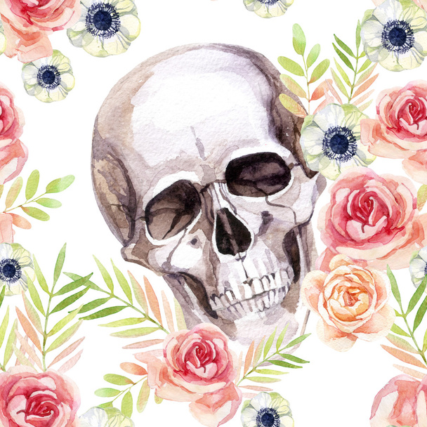 Acuarela cráneo humano entre las flores patrón sin costuras
. - Foto, imagen