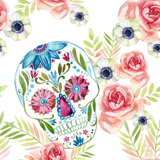 Akvarell mexikói cukor koponya között a virágok zökkenőmentes minta. - Fotó, kép