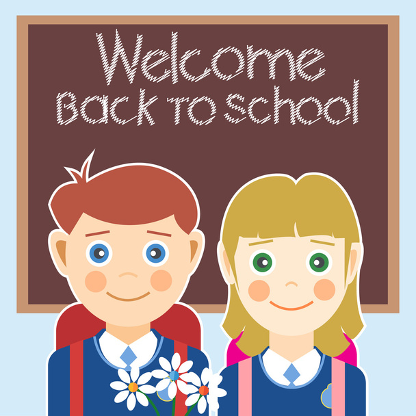 Welkom terug bij school kaart met bloemen, een jongen en een meisje. Digitale vector afbeelding - Vector, afbeelding
